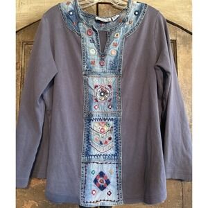 Vtg Venezia Vitale Top Denim Panel Embroidered Mirrors Shirt Womens Pullover Med